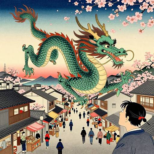 Digital anime-style illustration of a green dragon soaring above a bustling Japanese village street with cherry blossoms, people, and traditional buildings. A surprised man in