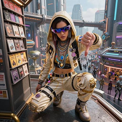 Cyberpunk street scene: Hooded woman with sunglasses, neon jewelry, and white, heavily decorated combat gear points forward. Vibrant city background with