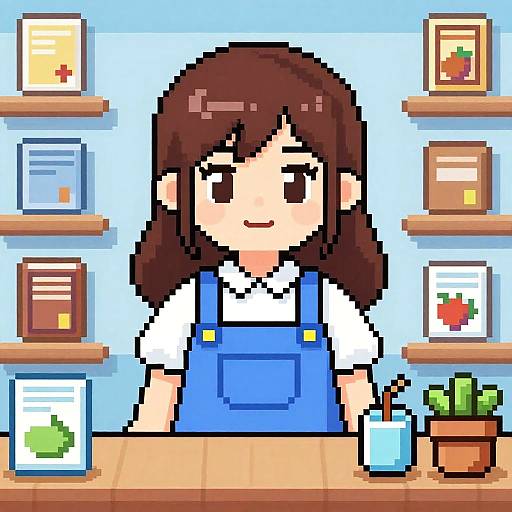 Pixel art of a smiling girl with brown hair in a blue apron, standing behind a wooden counter with potted plant, framed pictures, and documents