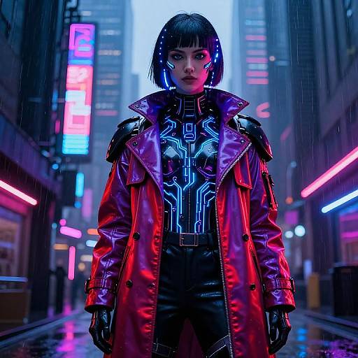 Cyberpunk woman with black bob, neon lights, red leather coat, glowing circuit patterns, standing in rainy city street at night. Digital art.