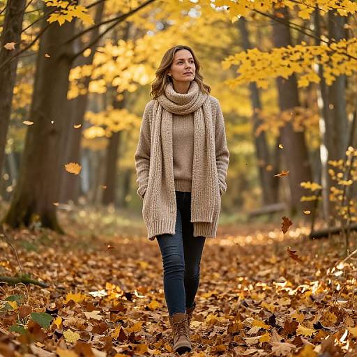 Photograph of a woman in a beige scarf, knit sweater, and jeans walking through a forest of yellow-leaved trees, surrounded by fallen autumn leaves