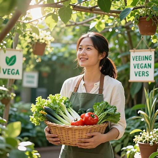 Photograph of smiling Asian woman with dark hair in green apron, holding wicker basket with vegetables, standing in sunny vegetable garden with 