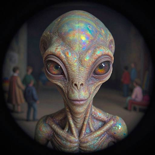 Photorealistic CGI alien with iridescent, multicolored skin, large expressive eyes, and detailed head and neck, standing in a dimly