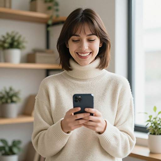 Smiling Woman with Smartphone Indoors