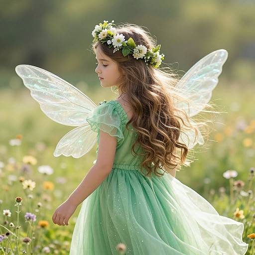 Photograph of a young girl with long brown hair, fairy wings, and a flower crown, wearing a green, sheer dress, standing in a sun