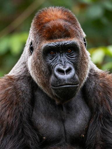 Photograph of a serious, muscular male gorilla with dark brown fur, black face, and intense amber eyes, set against a blurred green forest background