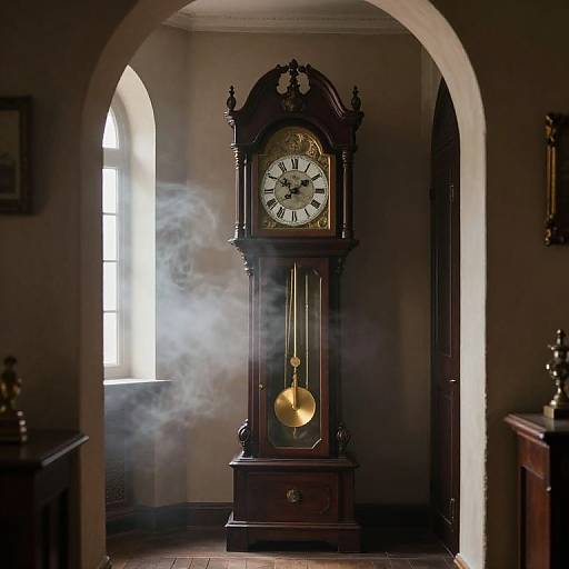 Photograph of an antique, dark wooden grandfather clock with steam rising, standing in a dimly lit, arched hallway next to a window.