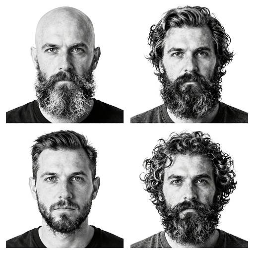 Black-and-white photograph collage of four bearded men with varying facial hair styles and hair textures, each with intense expressions.