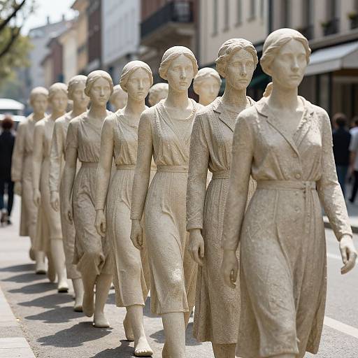 Photograph of a row of identical, stone-like, female statues in 1930s-style dresses, walking in a city street with blurred buildings and