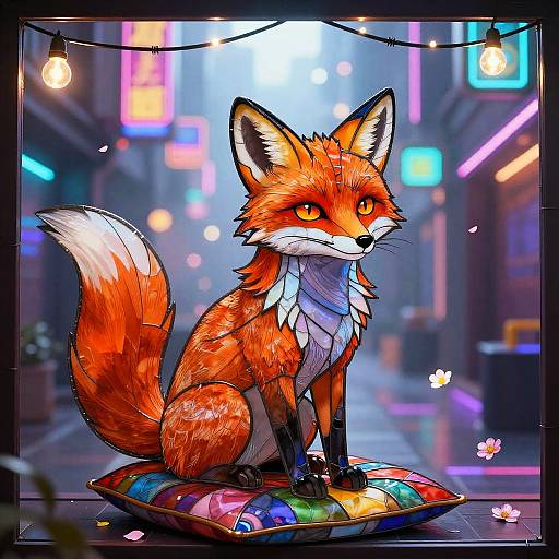 Vibrant Cyberpunk Fox in Stained Glass