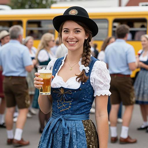 Photograph of a smiling young woman in traditional Bavarian dress with blue bodice, white lace blouse, and black hat, holding a beer, standing