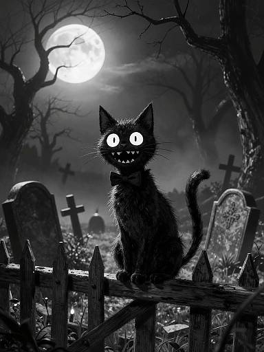 Digital drawing of a spooky black cat with glowing eyes, sitting on a wooden fence in a moonlit, graveyard setting with gravestones and leafless