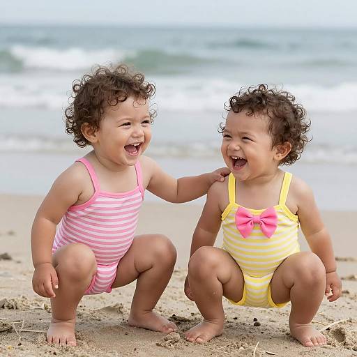 Two Laughing Babies at the Beach