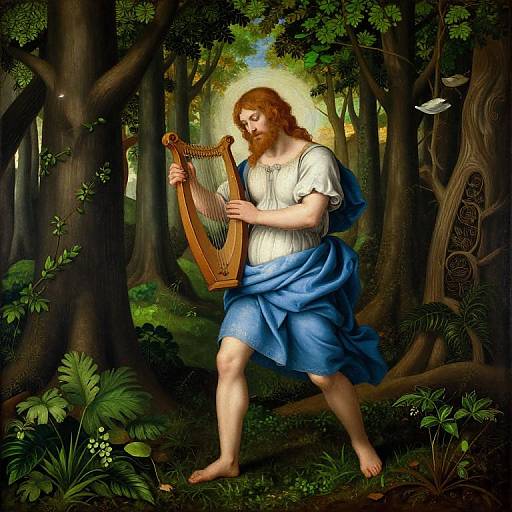 Digital painting of a bearded, fair-skinned man with curly red hair, playing a golden harp in a lush, sunlit forest. He