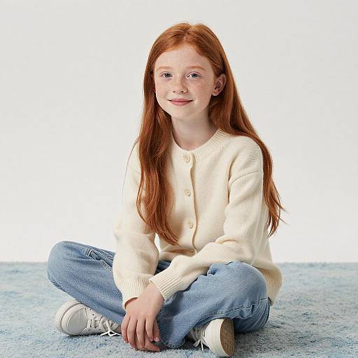 Photograph of a young red-haired girl with fair skin, sitting cross-legged on blue carpet, wearing a cream cardigan, blue jeans, and white