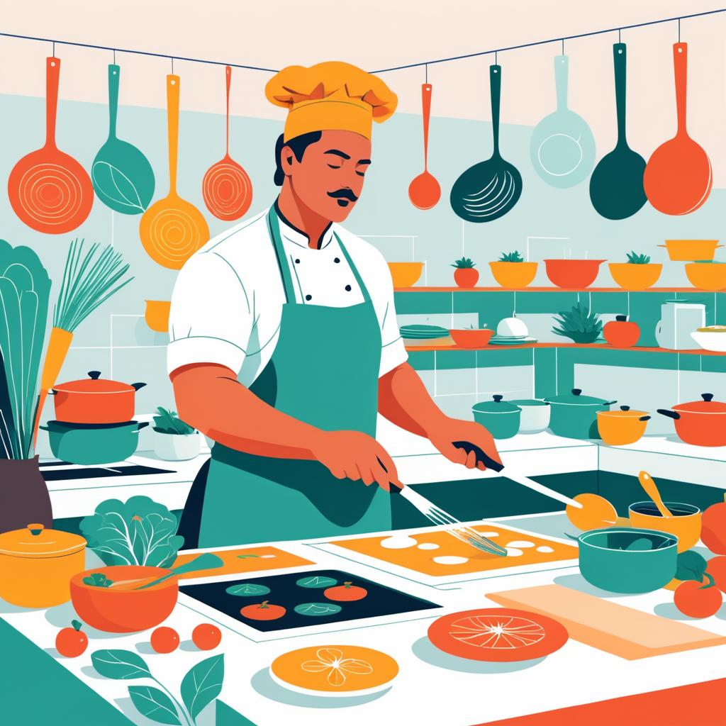 Chef in a Bustling Kitchen Illustration