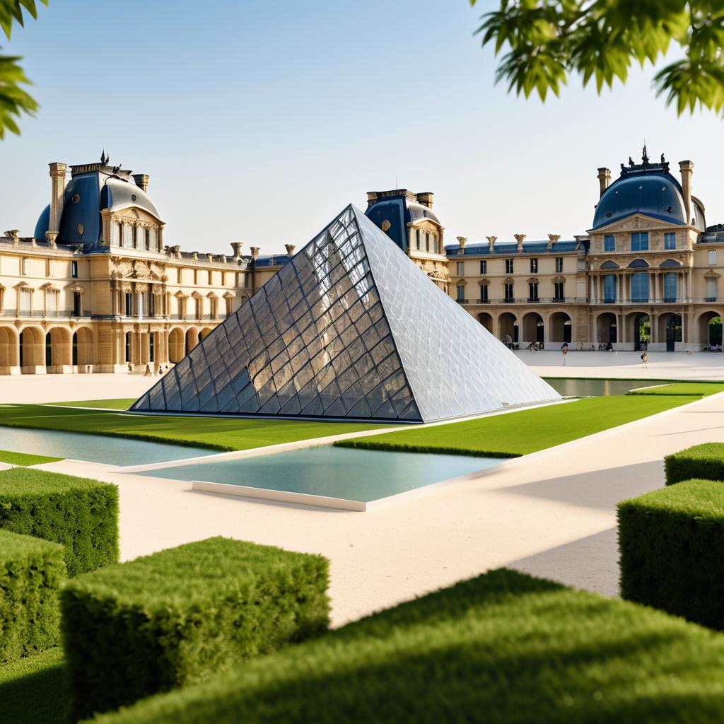 Hyperrealistic Louvre Pyramid in Tranquil Garden