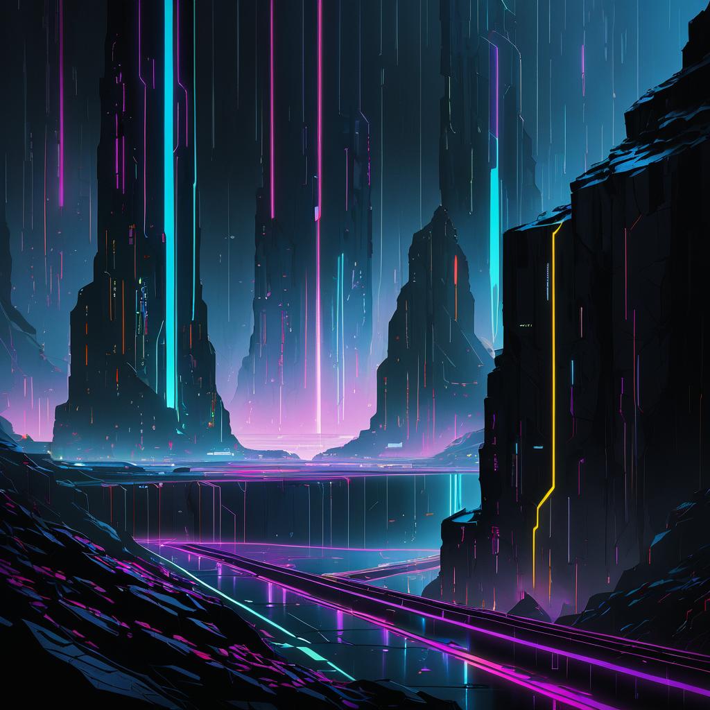 Futuristic Neon Basalt Cliffs at Night