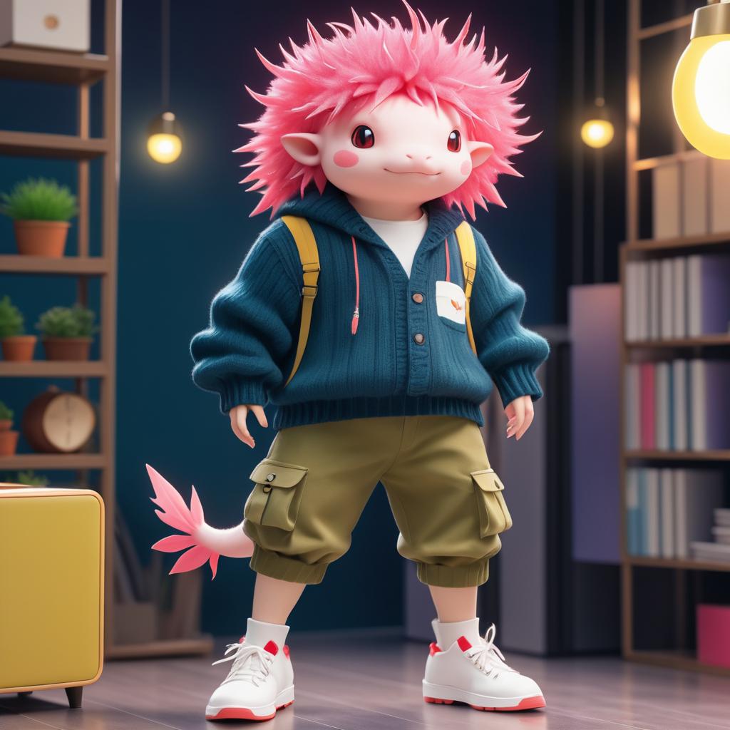 Stylish Male Axolotl in Anime Style