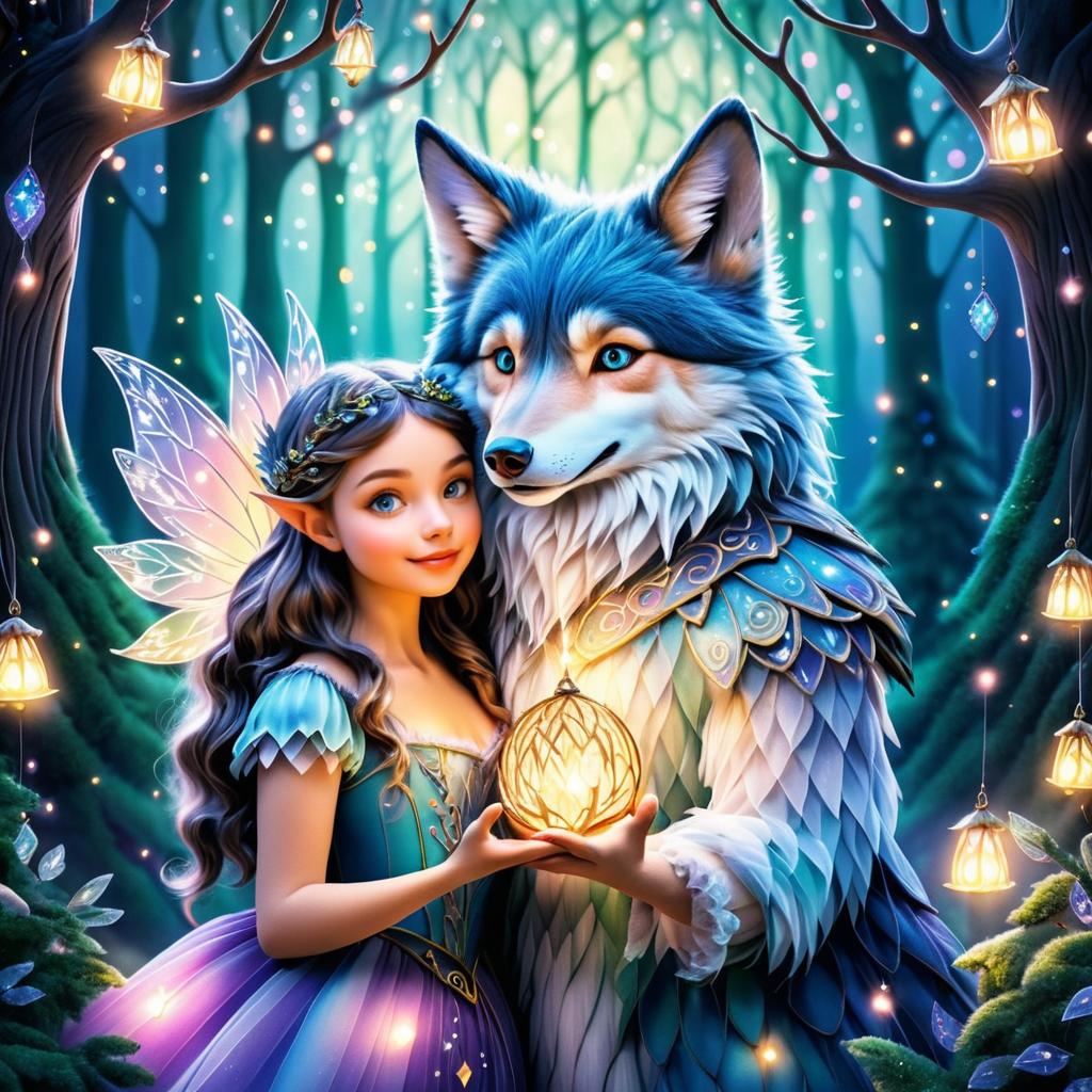 Charming Fairy with Friendly Wolf in Forest