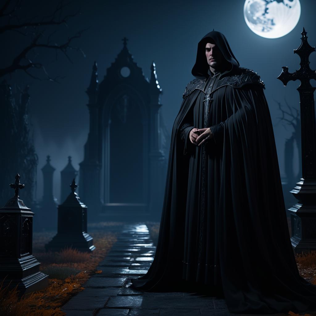 Dark Lord in Eerie Midnight Graveyard