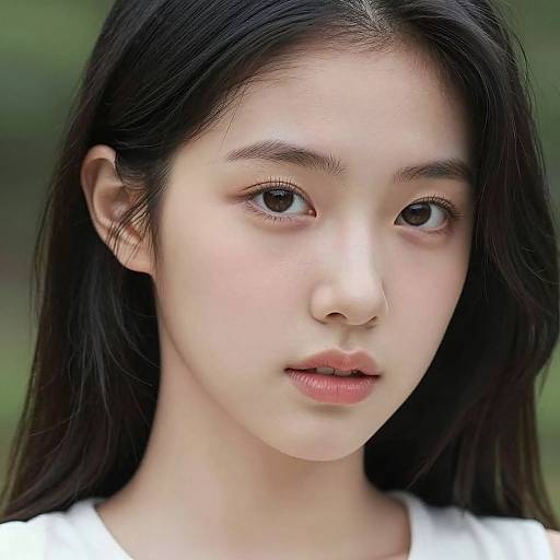 Photograph of a young Asian woman with long black hair, fair skin, and soft expression, wearing a white top, against a blurred green background.