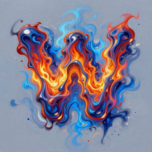 Abstract digital painting of swirling flames in vibrant orange, red, and blue hues on a light gray background, with fluid, wavy patterns and dynamic,