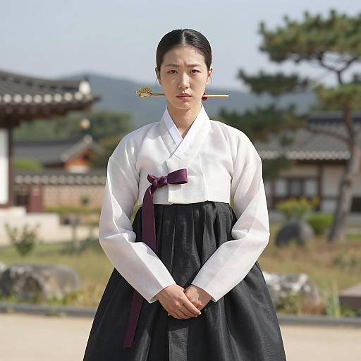 Asian Woman in Traditional Korean Hanbok in Garden
