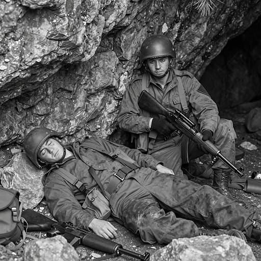 Intense Black-and-White Soldiers in Cave