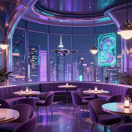 Neon-lit, futuristic café with purple chairs, round tables, cityscape view, drone hovering, glowing blue neon art, and vibrant purple and