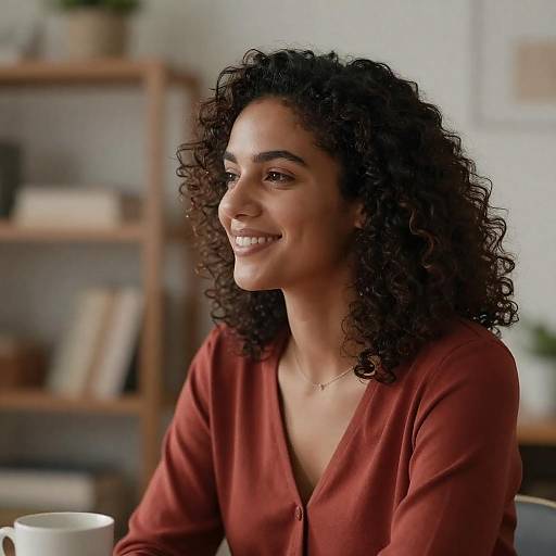 Photograph of a smiling woman with curly dark hair, wearing a red cardigan, seated in a cozy, blurred background with shelves and potted plants