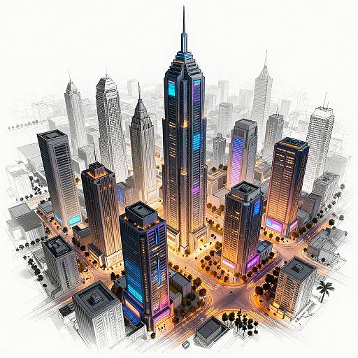 Digital illustration of a vibrant, futuristic cityscape featuring towering skyscrapers with neon blue, purple, and orange lights, surrounded by illuminated streets and sparse