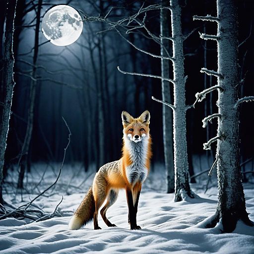 Red Fox in Moonlit Snowy Forest