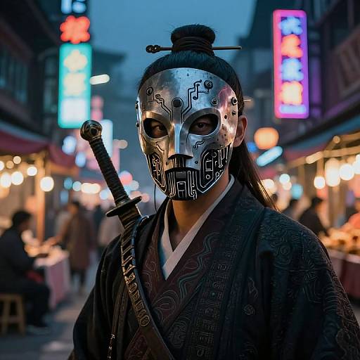 Photograph of a masked samurai in a dark kimono, holding a sword, standing in a neon-lit, bustling Japanese street market at dusk