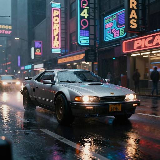 Photograph of a silver sports car driving through a rainy, neon-lit New York City street, with colorful signs and blurred headlights in the background.