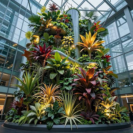 Photograph of a vibrant, multi-tiered indoor tropical plant installation in a modern glass atrium, illuminated with warm lights, showcasing diverse, colorful foliage