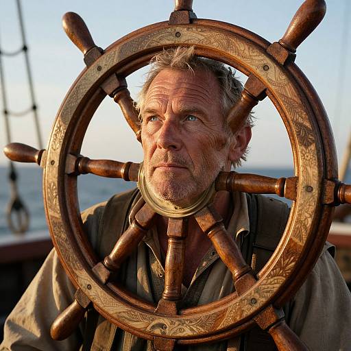 Photograph of a weathered, gray-haired man with a stern expression, holding an ornate wooden ship wheel in front of him, set against a