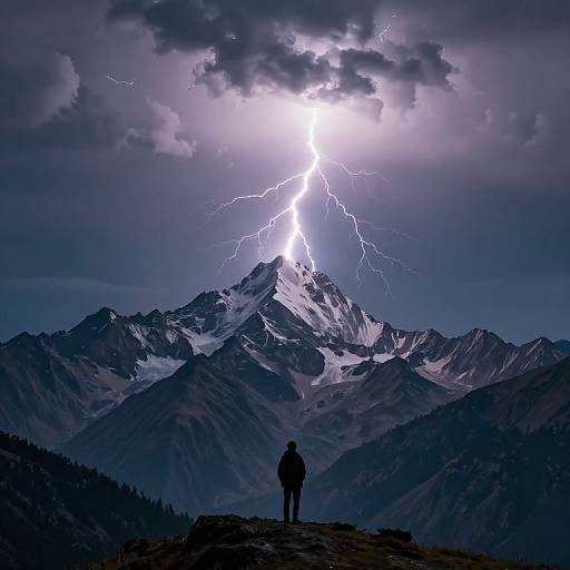 Photograph of a solitary figure standing on a rocky peak, gazing at a dramatic mountain range with a bright lightning bolt striking a snow-capped peak