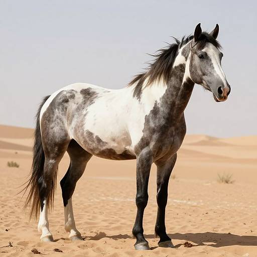 Photograph of a black-and-white pinto horse standing in a bright, sandy desert with clear blue sky and sparse vegetation.