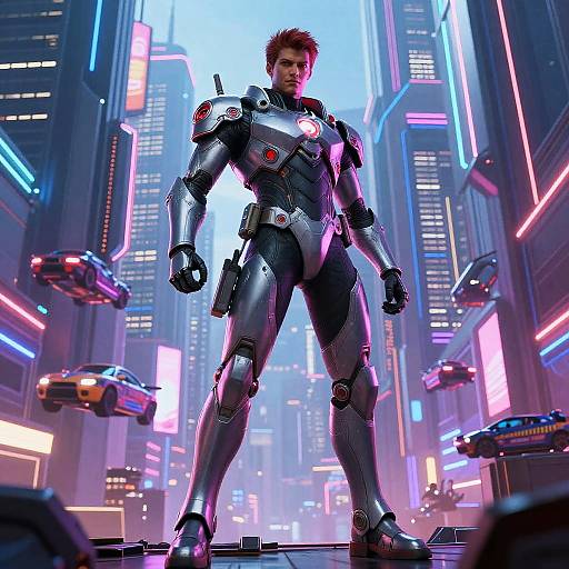 CGI image of a muscular man in futuristic, metallic armor standing in a neon-lit, cyberpunk city with hovering cars.