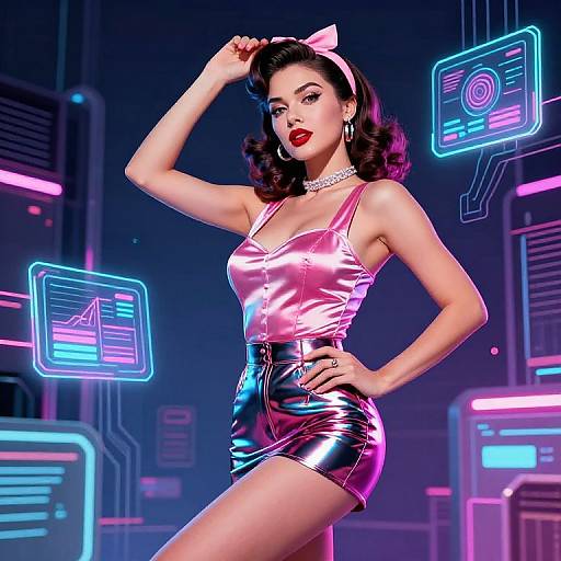 Glamorous woman with pink satin top and shiny black mini skirt, red lips, and white bow, poses confidently in neon-lit cyberpunk background