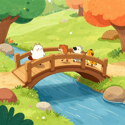 Cartoon-style image of five colorful animals crossing a wooden bridge over a blue stream in a vibrant, sunny forest.