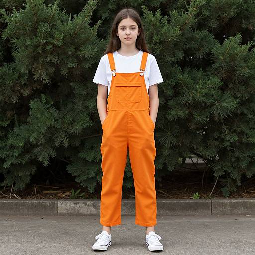 Young woman with long brown hair, white t-shirt, and bright orange overalls, standing confidently in front of dense green bushes.