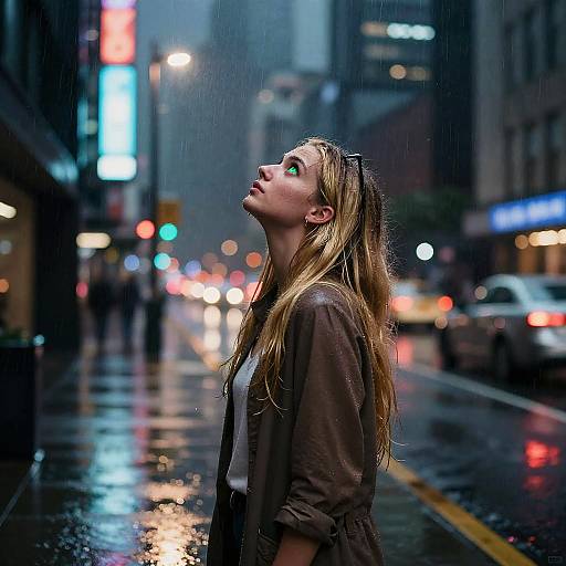Photograph of a young woman with wet blonde hair, wearing a brown jacket, standing in a rainy city street at night, looking up, with colorful