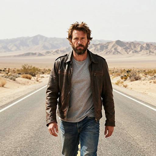 Rugged Man Walking on Desert Road