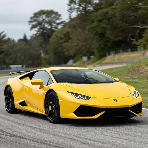 Photograph of a bright yellow, sleek, low-slung, sports car with black accents and wheels, driving on a curved road surrounded by green trees