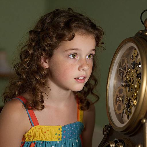 Photograph of a young girl with curly brown hair, wearing a yellow and blue polka-dot dress, gazing at a clock with intricate gears.