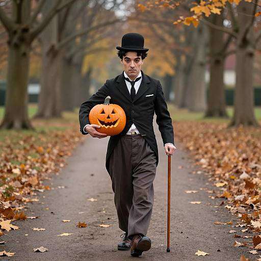 Charlie Chaplin Halloween Costume with Pumpkin