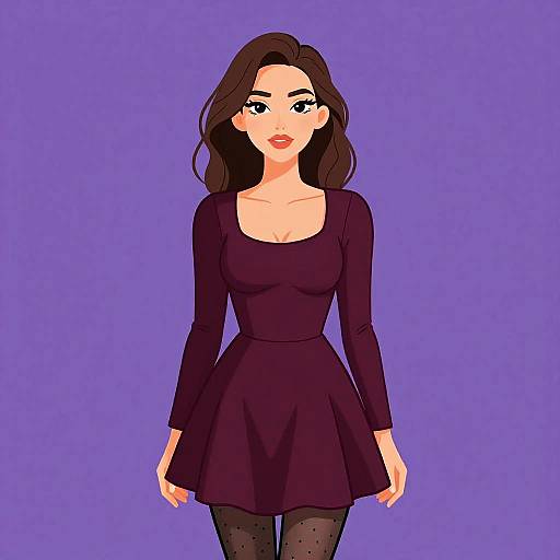 Digital anime-style drawing of a fair-skinned woman with long brown hair, wearing a black long-sleeve dress and black polka-dot tights