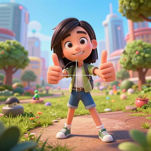 CGI cartoon of a smiling young girl with black hair, giving double thumbs up in a sunny, colorful urban park.